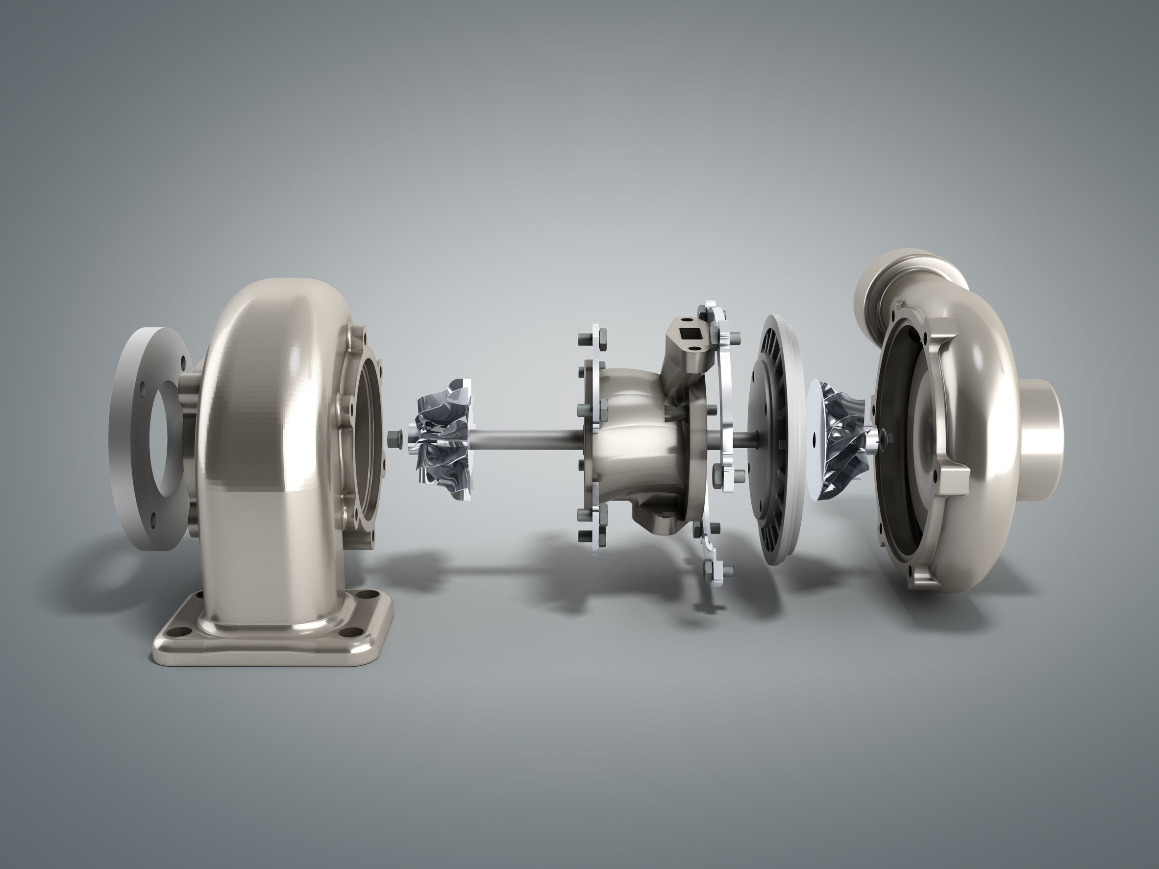 Automotive Turbocharger Turbine 3d Render On Grey